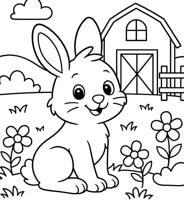Lapin Lapin à colorier devant une ferme.