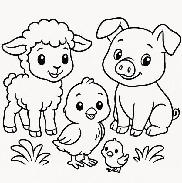 Animaux de la ferme Mouton, cochon et poussins à colorier.