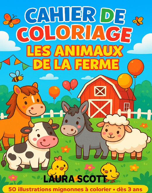 Livre de coloriage Animaux de la Ferme Couverture du livre de coloriage pour enfants Les Animaux de la Ferme avec plusieurs animaux de la ferme.