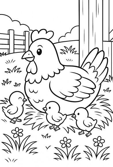 Poule et poussins Poule avec ses poussins à colorier.
