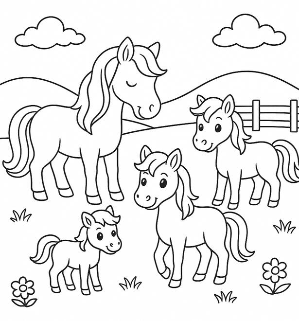 Chevaux Jument et ses poulains à colorier dans une ferme.