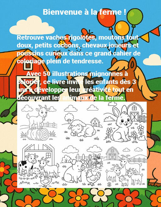 Présentation Animaux de la Ferme Page de présentation du livre Les Animaux de la Ferme avec plusieurs animaux de la ferme à colorier.