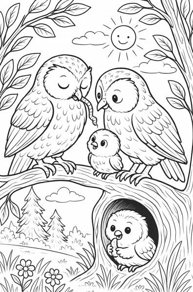 Famille de hiboux Famille de hiboux à colorier dans un arbre
