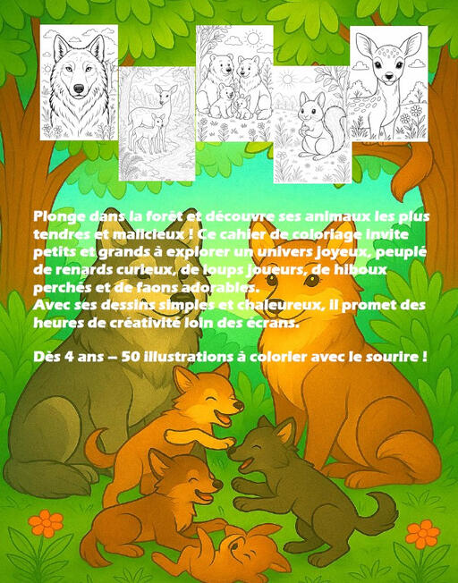 Présentation Animaux de la Forêt Page de présentation du livre Les Animaux de la Forêt avec plusieurs illustrations d'animaux forestiers à colorier.