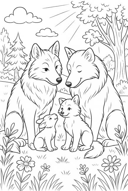 Famille de loups Famille de loups à colorier dans une forêt.