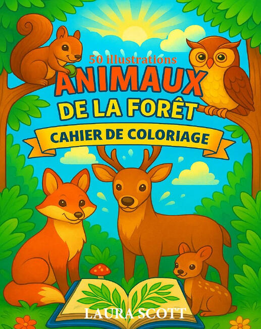 Livre de coloriage Animaux de la Forêt Couverture du livre de coloriage pour enfants Les Animaux de la Forêt avec des animaux sauvages de la forêt.