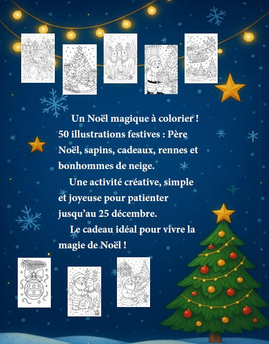 Présentation Noël Page de présentation du livre de coloriage de Noël avec plusieurs illustrations festives à colorier.