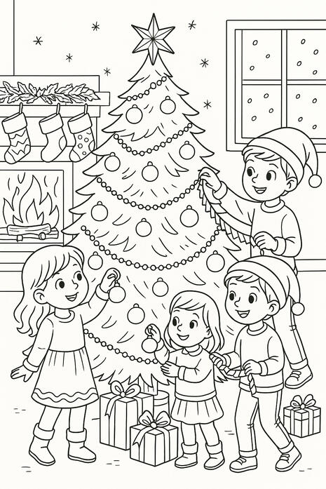 Décoration du sapin Enfants décorant un sapin de Noël à colorier.