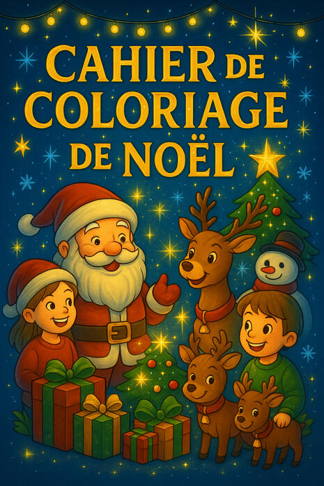 Livre de coloriage Noël Couverture du livre de coloriage de Noël pour enfants avec le Père Noël, des cadeaux et des rennes.