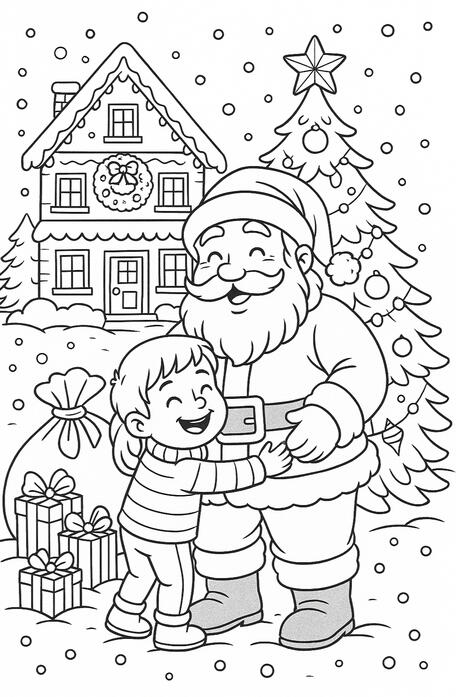 Père Noël avec un enfant Père Noël offrant un cadeau à un enfant à colorier.