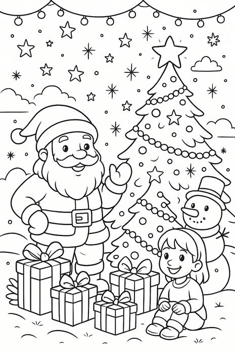 Père Noël et cadeaux Père Noël à colorier avec des cadeaux et un enfant près du sapin de Noël.