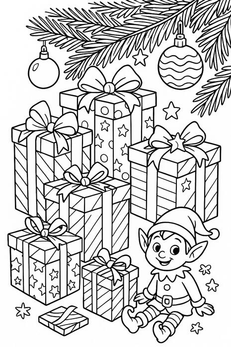 Cadeaux de Noël Cadeaux de Noël à colorier sous un sapin avec un lutin.