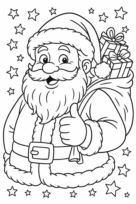 Père Noël Père Noël souriant à colorier avec sa hotte remplie de cadeaux.