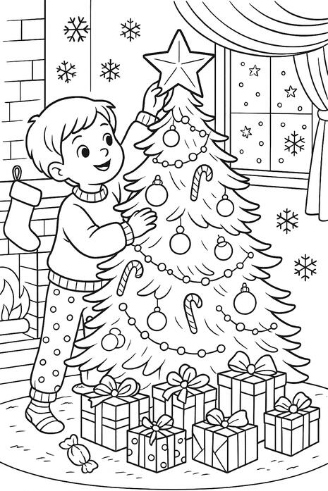 Enfants autour du sapin Enfants réunis autour du sapin de Noël à colorier.