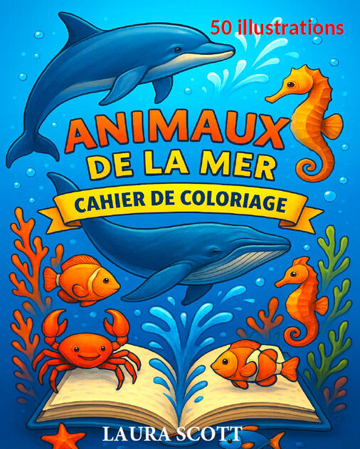 Livre de coloriage Animaux de la Mer Couverture du livre de coloriage pour enfants Les Animaux de la Mer avec des dauphins, hippocampes et animaux marins.