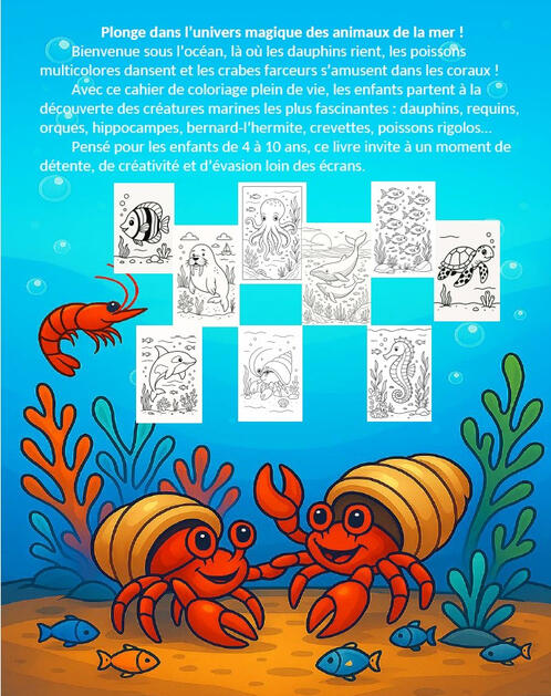 Présentation Animaux de la Mer Page de présentation du livre Les Animaux de la Mer avec plusieurs animaux marins à colorier.