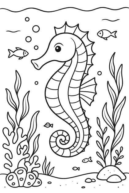 Hippocampe Hippocampe à colorier au milieu des algues marines.