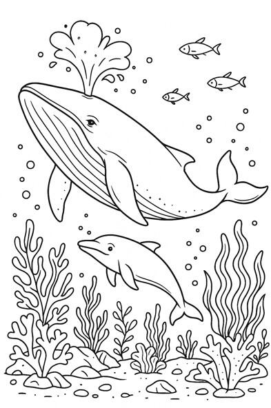 Baleines Baleines nageant dans l'océan à colorier.