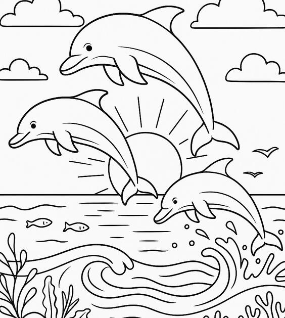 Famille de dauphins Famille de dauphins à colorier dans l'océan.