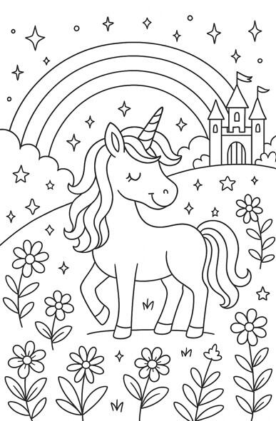 Licorne et château Licorne à colorier devant un château féerique et un arc-en-ciel.