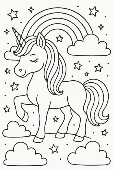Licorne magique Licorne magique à colorier sous un arc-en-ciel