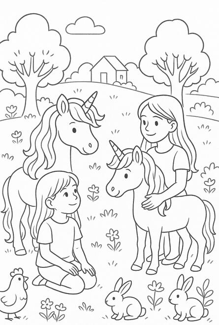 Petite fille et licorne Petite fille avec une licorne à colorier dans un paysage féerique.