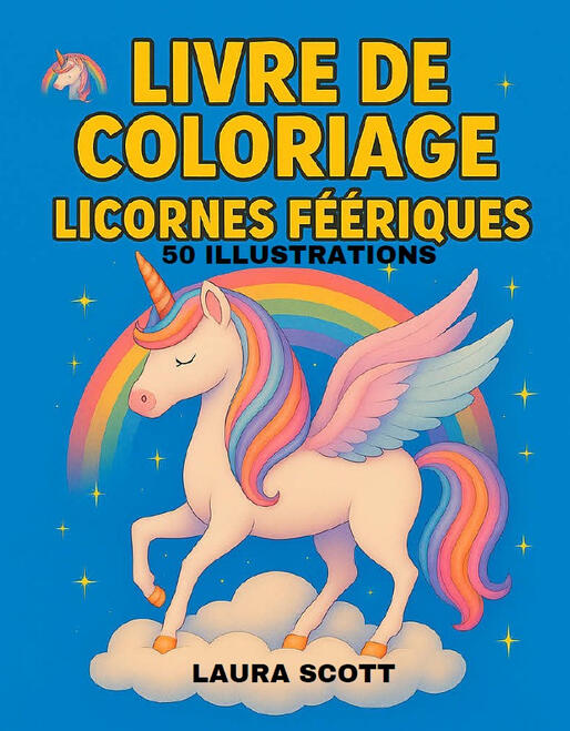 Livre de coloriage Licornes Féériques Couverture du livre de coloriage pour enfants Licornes Féériques avec une licorne ailée.