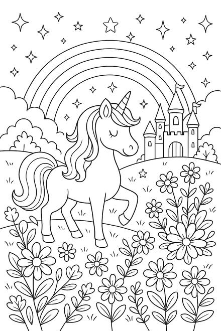 Licorne dans un jardin Licorne à colorier dans un jardin fleuri avec un château.