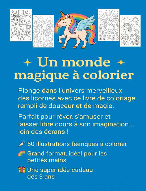 Présentation Licornes Féériques Page de présentation du livre Licornes Féériques avec plusieurs illustrations de licornes à colorier.