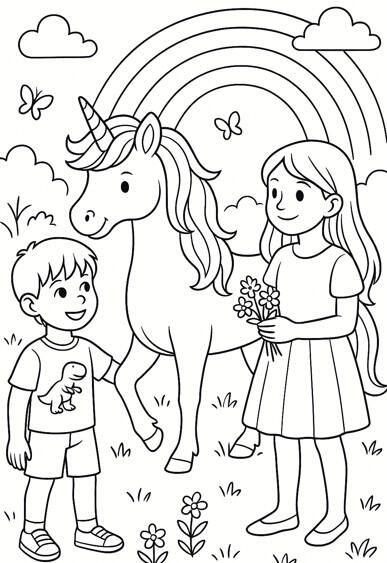 Enfant avec une licorne Enfant rencontrant une licorne sous un arc-en-ciel à colorier.