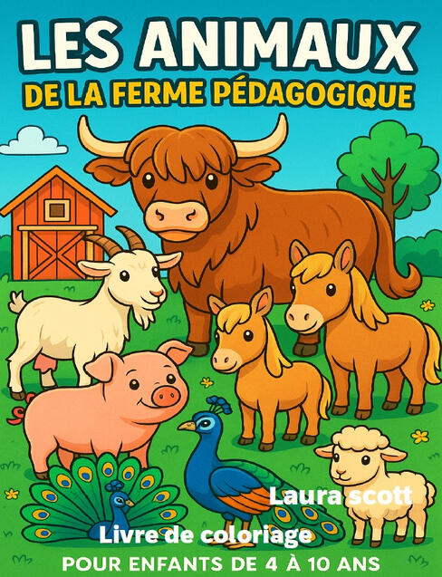 Livre de coloriage Ferme Pédagogique Couverture du livre de coloriage éducatif Les Animaux de la Ferme Pédagogique avec plusieurs animaux de la ferme.