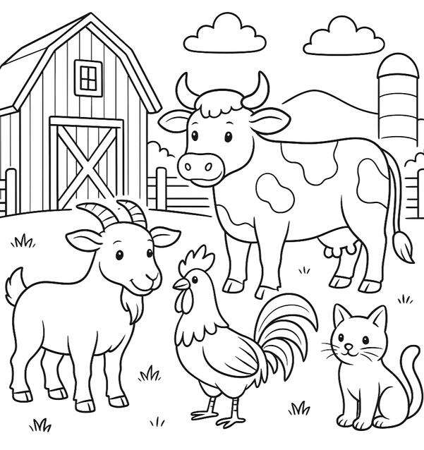 Animaux de la ferme Vache, chèvre, coq et chat à colorier devant une grange.