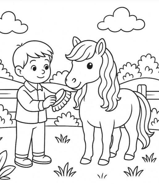 Enfant avec un poney Enfant caressant un poney à colorier dans une ferme pédagogique.