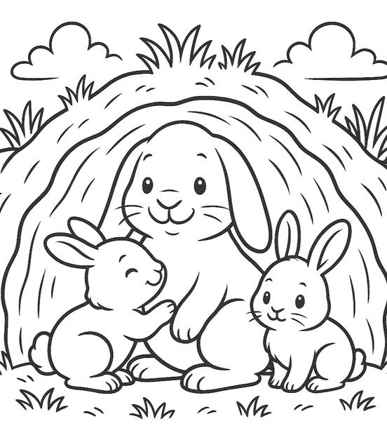 Lapins Lapins à colorier devant une botte de foin.