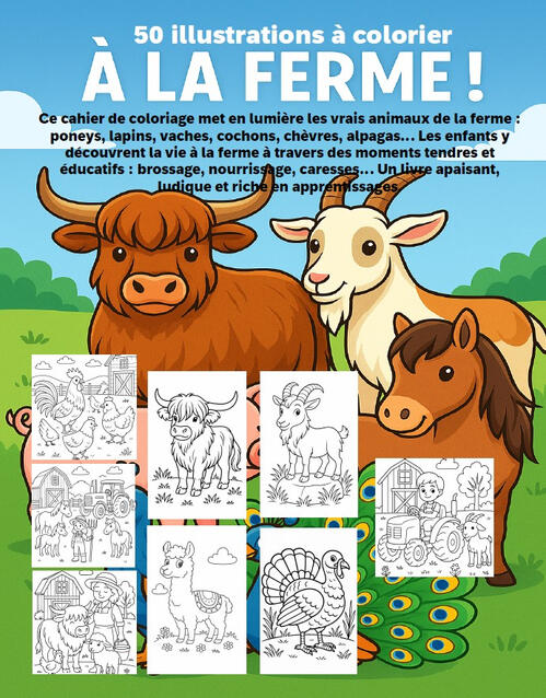 Présentation Ferme Pédagogique Page de présentation du livre Les Animaux de la Ferme Pédagogique avec plusieurs animaux de la ferme à colorier.