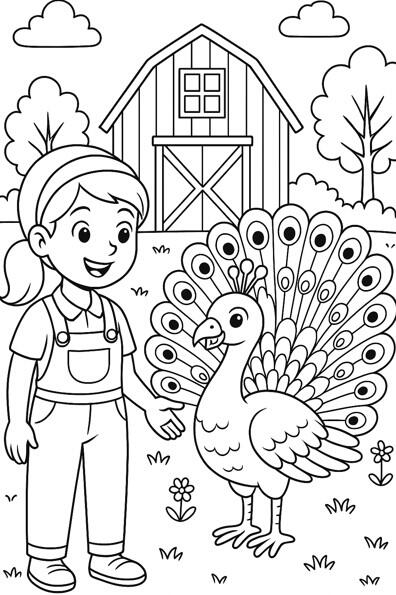 Paon Paon à colorier dans une ferme avec un enfant.