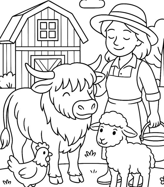 Fermière et animaux Fermière avec une vache Highland, un mouton et des animaux de la ferme à colorier.