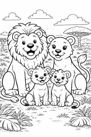 Famille de lions Famille de lions à colorier dans la savane.