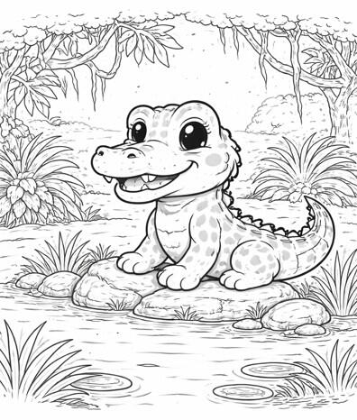 Crocodile Crocodile à colorier près d'un point d'eau.