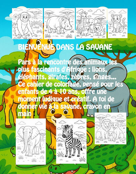 Présentation Safari Page de présentation du livre Safari avec plusieurs animaux de la savane à colorier.