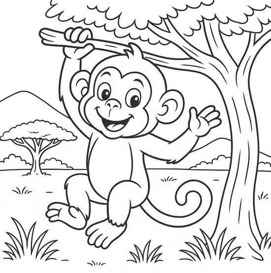 Singe Singe à colorier perché dans un arbre de la savane.