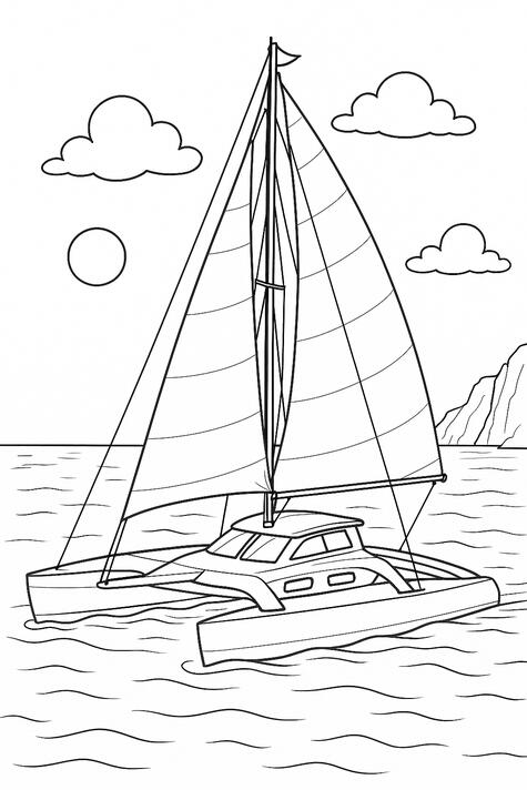 Dériveur Dériveur à colorier naviguant sur une mer calme.