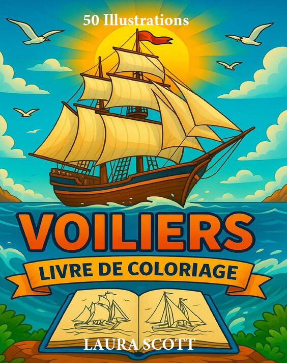 Livre de coloriage Voiliers Couverture du livre de coloriage Voiliers avec différents bateaux à voile.