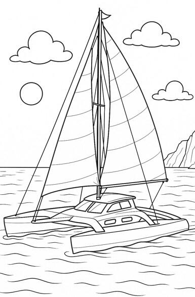Catamaran Catamaran à colorier naviguant en mer.