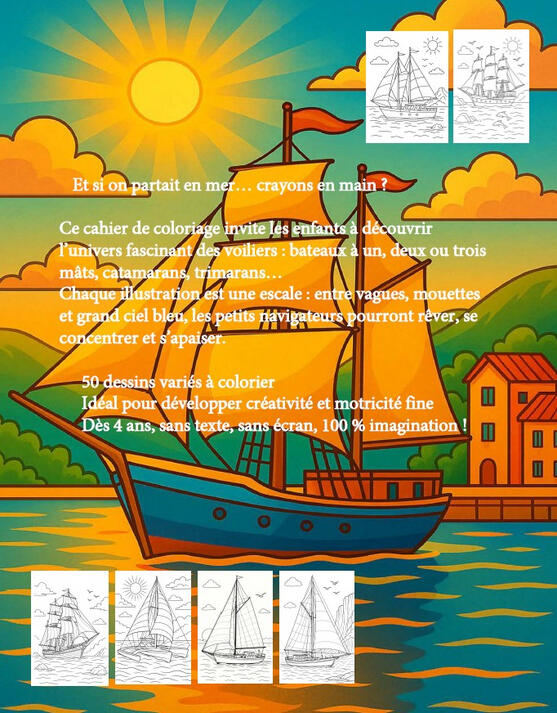 Présentation Voiliers Page de présentation du livre Voiliers avec plusieurs illustrations de voiliers à colorier.