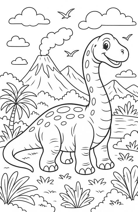 Diplodocus Diplodocus à colorier dans un paysage préhistorique.