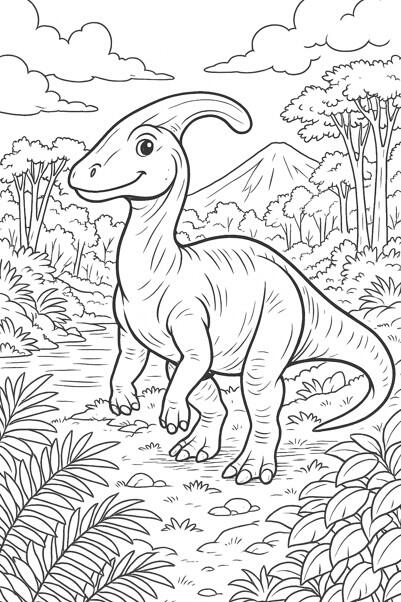 Parasaurolophus Parasaurolophus à colorier dans un paysage préhistorique.