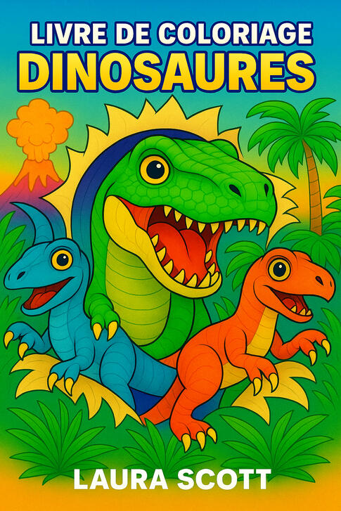 Livre de coloriage Dinosaures Couverture du livre de coloriage pour enfants Dinosaures avec un tyrannosaure et des dinosaures colorés.