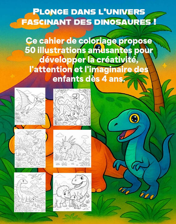 Présentation Dinosaures Page de présentation du livre de coloriage Dinosaures avec plusieurs illustrations préhistoriques à colorier.