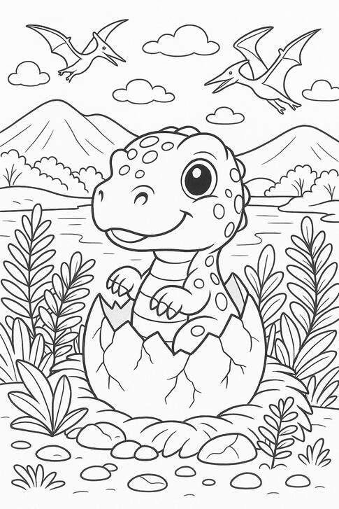Bébé dinosaure Bébé dinosaure sortant de son œuf à colorier.
